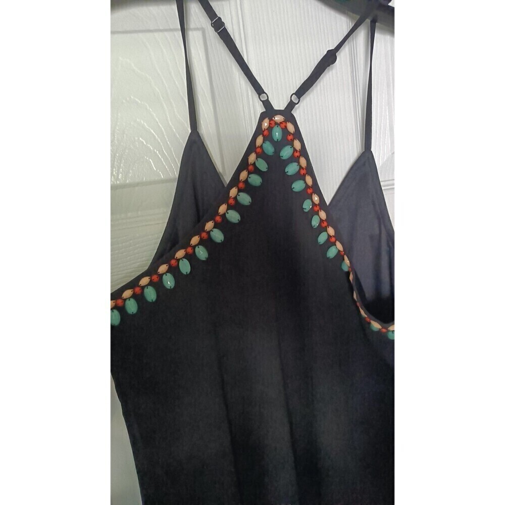 Alya Sheer Dress Size Small Black Turquoise Beaded Neckline Spaghetti Strap - Picture 6 of 7